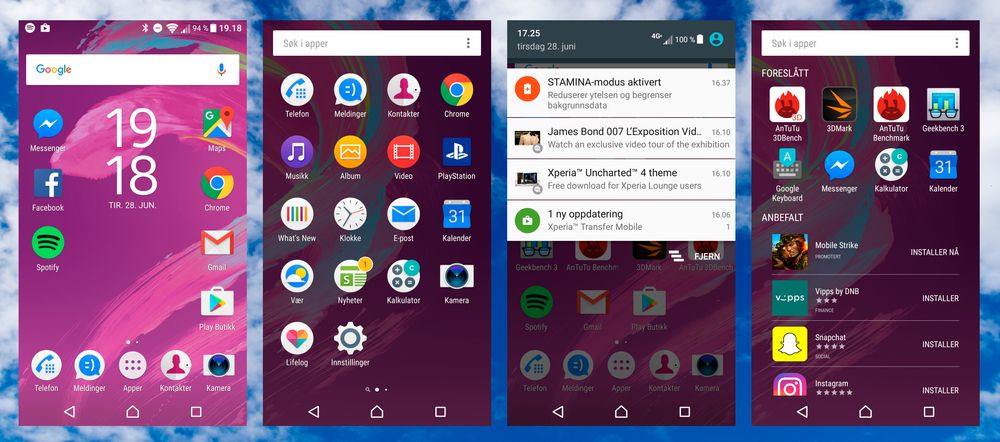 Det er enkelt og greit å bruke Xperia X Performance, og den er rask i alt den gjør. Men vi kan styre oss for reklamemaset i appforslagene, og temaforslag og liknende fra Sonys selvpromoteringsapp.