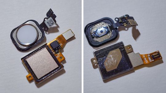 Apples (øverst) og Huaweis fingeravtrykkslesere. Her har Huawei gjort en god jobb. Om man reparerer en iPhone er det mer eller mindre umulig å feste hjemknappen som originalt om den ikke kommer ferdigmontert på skjermen du bytter.