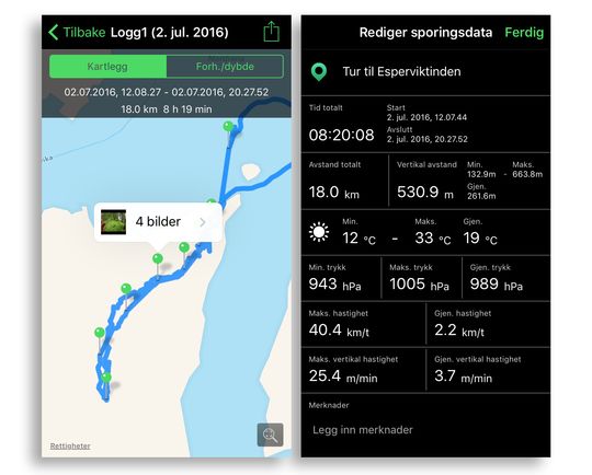 Turen var egentlig en time kortere enn det som står her, vi glemte bare å skru av loggføringen når vi la kameraet bort, og så lå det og loggførte i sekken til batteriet gikk tomt.