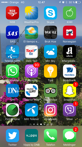 Min hjemskjerm: Svendsen er ganske aktiv i sosiale medier. Men hva skal hun med Viber? Telenor har jo nå lansert tale over WiFi, som strengt tatt erstatter behovet..