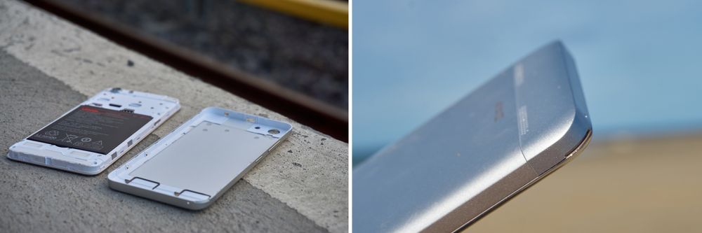 Baksiden kan tas av, ved hjelp av en liten glippe i kanten (høyre).