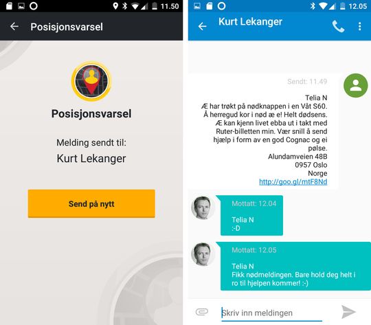 Når du holder inne den røde knappen sendes en forhåndsvalgt beskjed og adressen din til mottakere du har lagt inn.