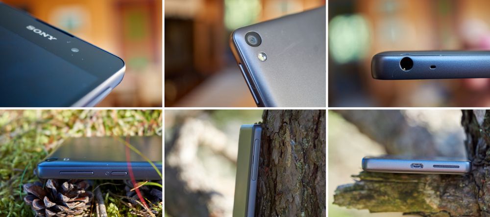 Xperia E5 er en stilren telefon, og rent umiddelbart ble vi lurt til å tro at rammen var av metall. Øverst til venstre kan du se den opphøyde rammen, og legg også merke til den avrundede baksiden.