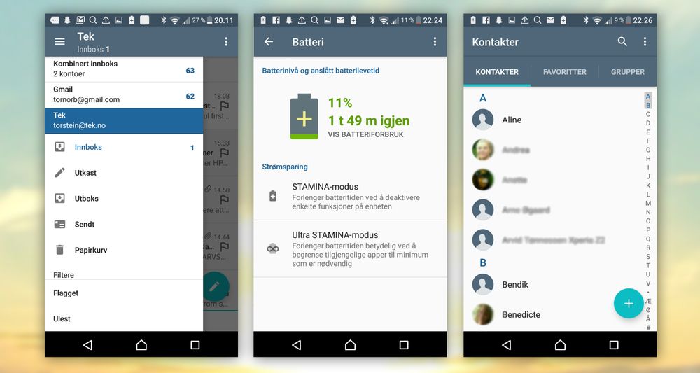 Sonys egne nyttefunksjoner fungerer bra, og spesielt Stamnina-modusen (midten) er super å ha. Det finnes også en mer ekstrem Ultra Stamina-modus, som i praksis gjør telefonen til, ja, kun en telefon. Til venstre Sonys egen mail-løsning.