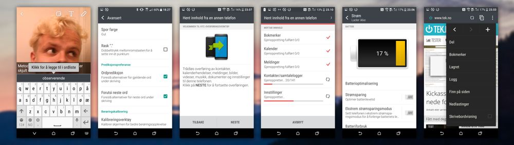 HTC Sense har med seg en rekke finurligheter. Til venstre: tastaturet og innstillingene dets. I midten: overføringsverktøyet fra en telefon til en annen. Til høyre: batterimenyen og nettleseren til HTC.