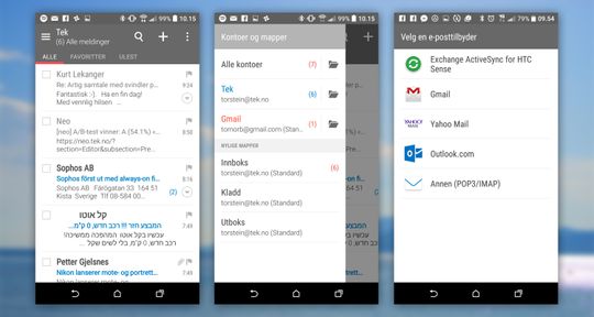 HTCs egen mailklient i all sin prakt. Den er noe mindre brukervennlig enn Googles egen.