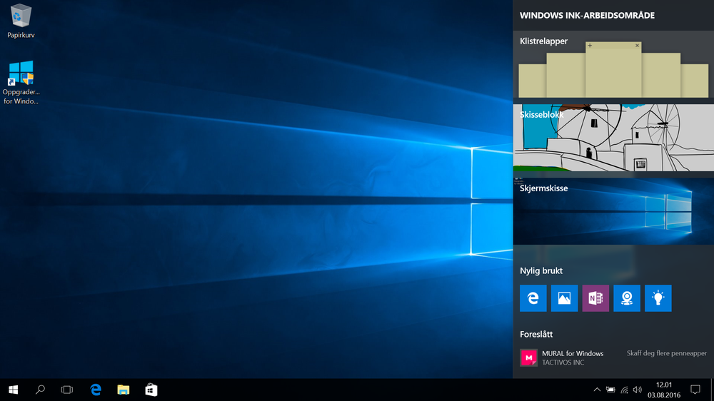Windows Ink Workspace samler programmer som støtter bruk av penn på ett sted, samt lar deg kjapt opprette notater, skisser eller skjermskisser. Tips: Windows-tast og W bringer frem menyen.
