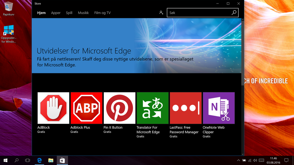 Endelig! Microsofts Edge-nettleser har nå støtte for utvidelser. Utvalget er litt begrenset nå i starten, men vi tipper det tar seg fort opp.