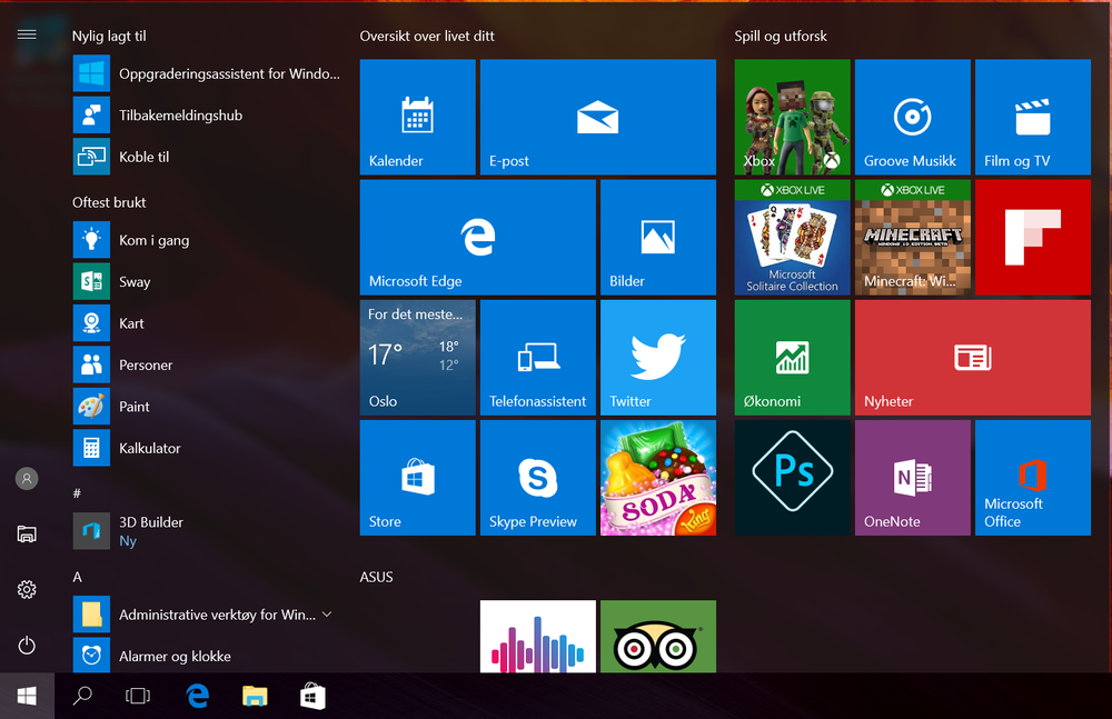 Startmenyen i Windows 10 har blitt ny.