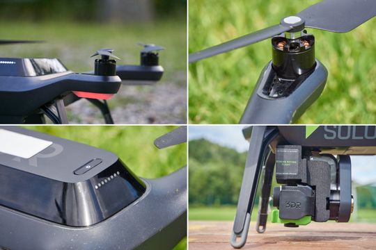 Designdetaljer fra Solo. I bildet nederst til høyre er gimbal-beskytteren fortsatt montert.