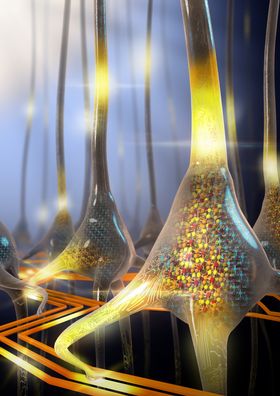 En kunstnerisk gjengivelse av en sett med stokastiske faseskiftnevroner. Bildet ble vist på forsiden av Nature Nanotechnology-utgaven som ble utgitt i går.
