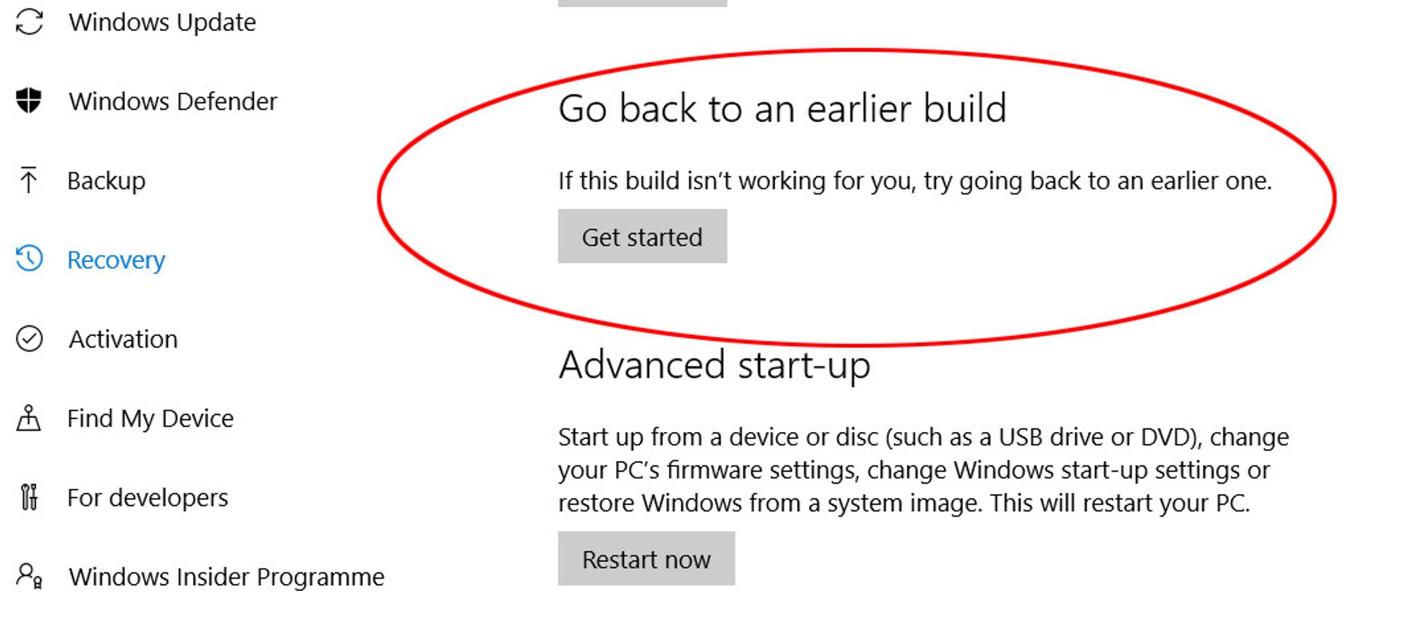Herfra kan man rullet Windows 10 tilbake til en tidligere versjon, i engelskspråklige utgaver av Windows 10.