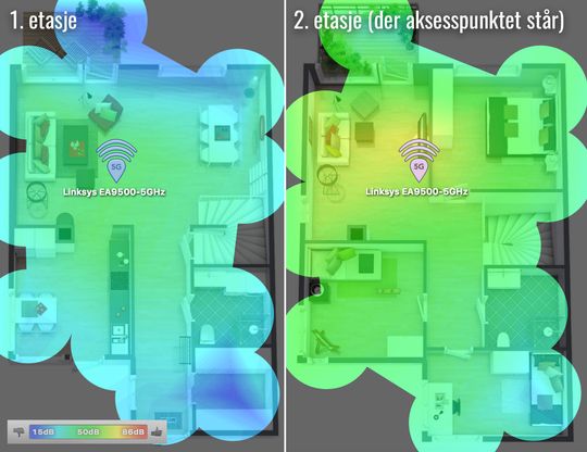 Dette kartet viser støy/signalforhold for 1. og 2. etasje på 5 GHz. Ruteren var plassert i 2. etasje. Gult er best, så kommer grønt, deretter blått i områder med svak dekning. .