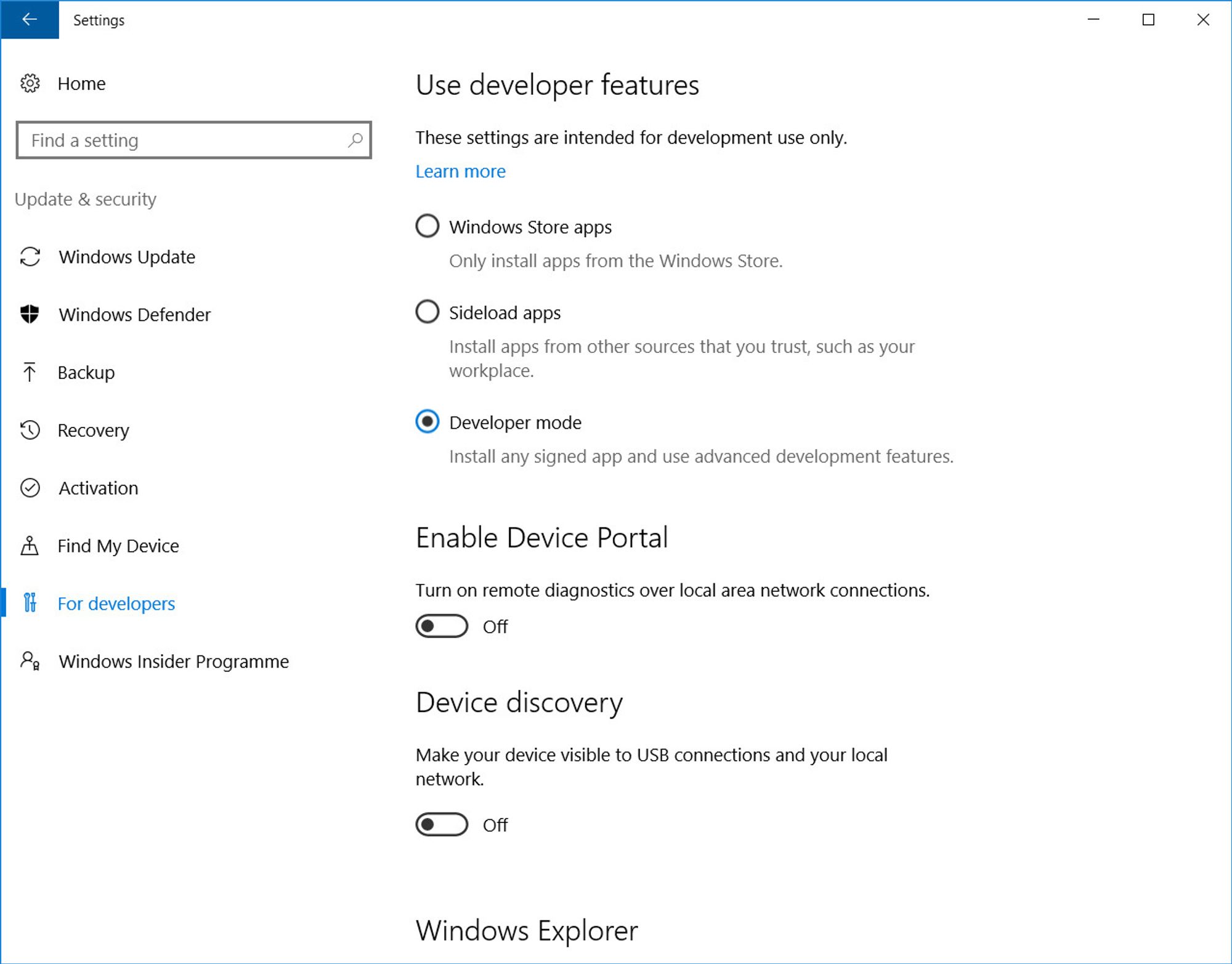 Aktiver utviklermodus i Windows 10.