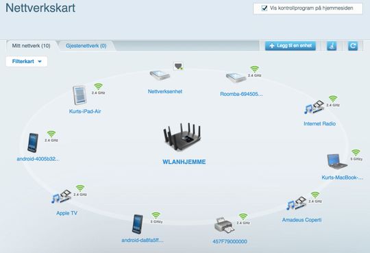 Nettverkskartet. Klikker du på en av enhetene kan du få mer informasjon, reservere en IP-adresse for enhetene, eller begrense internett-tilgang for enheten.