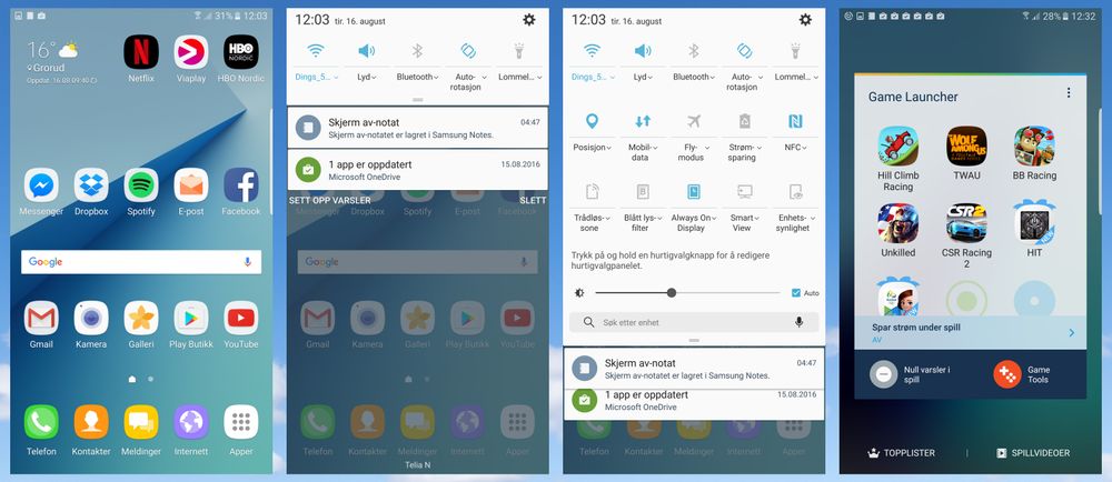 Touch Wiz har blitt delvis fornyet i denne omgangen. Det merkes på nedtrekksmenyen og innstillingsmenyen. Samtidig er det mye som er med oss videre fra Galaxy S7, så som spillsenteret som kan skru av varslinger når du prøver å slå toppskåren din.