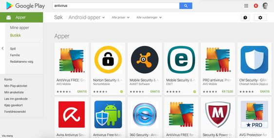 Utvalget av antivirusprogrammer på Google Play er ganske stort.