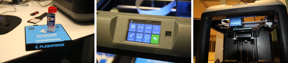 Vanlig hobbylim på stift gir god heft for modellene du skriver ut. Enkel betjening via resistiv berøringsskjerm. Du kan lagre .gx-filer på USB-minnepinne og skrive ut direkte fra den, uten å koble til pc-en. Finder støtter også wifi, dette har vi ikke testet. Kalibrering av skriveplata gjør du enkelt med tre håndbetjente skruknotter og guide på berøringsskjermen.