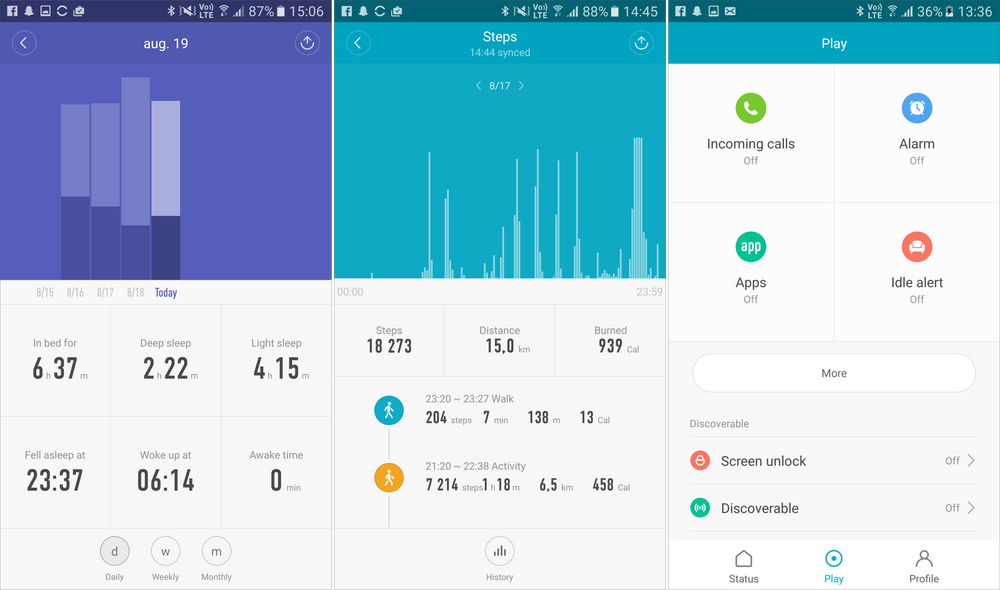 Mi Fit-appen er ikke av de mest oversiktlige vi har sett, men gjør nytten. Fra venstre: Logging av søvn, logging av skritt og oppsett av blant annet varsling fra mobilen.