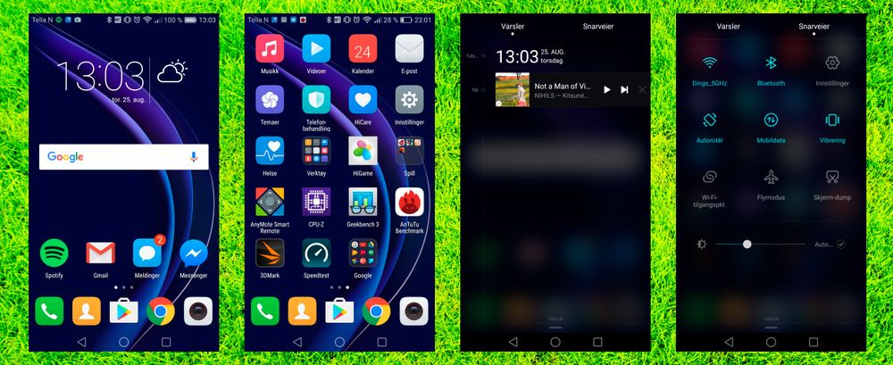 Selv om denne telefonen ikke bærer Huawei-logoen, er det Huawei som lager både den og menyene. Dermed er det EMUI-menyer som gjelder. De er pene og de er fulle av nyttige funksjoner, men noen appmeny får du ikke. Her fordeles appene utover hjemmeskjermene.