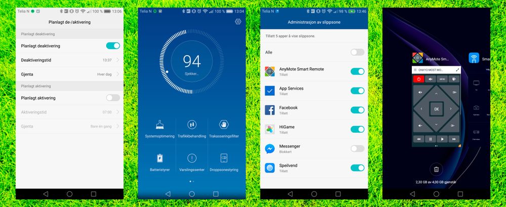 EMUI-systemet er fullt av funksjoner vi ser monn i. Hva med å la telefonen skru seg av samtidig med at du selv slokner for kvelden? Telefonbehandlingsappen skal kunne øke ytelsen i Honor 8, men det er sidefunksjoner som å filtrere samtaler eller å skru av irriterende overleggsmenyer på skjermen vi liker best. I testperioden beveget RAM-forbruket seg stort sett aldri langt over 2 GB, så for de fleste praktiske bruksområder burde Honor 8 med 3 eller 4GB RAM være like gode.