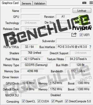 De angivelige spesifikasjonene tatt fra programmet GPU-Z. Se bort fra informasjon om teksturenheter, da programmet trenger en oppdatering for å vise riktig antall.