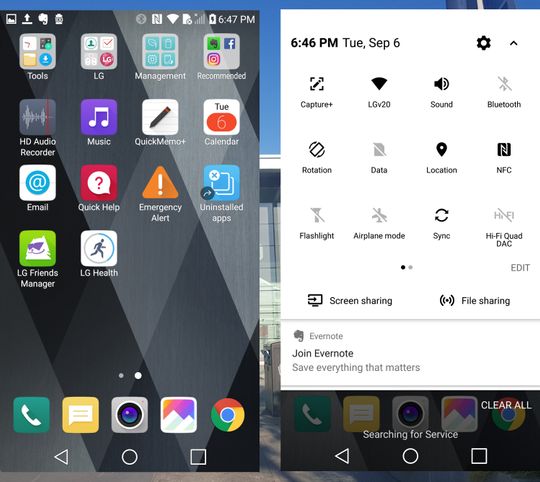 LG V20 er først ut med Android 7, og eksemplaret vi tittet på hadde ikke appmenyer bak hjemmeskjermene. G5 fikk dette som en oppdatering kort tid etter lansering. Kan hende finnes det et valg i menyene her også, men det ble det ikke tid til å se etter.