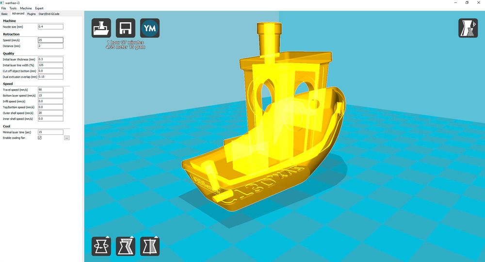 3DBenchy i Cura, i gjennomsiktig-modus. I denne og X-ray-modus kan du se inni objekter og identifisere eventuelle problemområder som overheng, som kanskje trenger støttestrukturer for å skrives ut skikkelig.