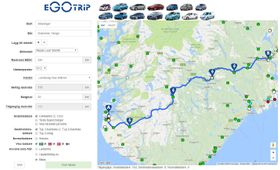 Ruteplanleggeren viser deg hvor det er ladere, og hvilke du skal lade ved underveis. Alt er basert på hvilken bil du kjører.
