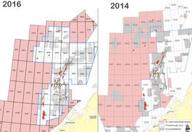 Dette er forskjellen på nominasjonskartene fra 2014 og 2016. De rosa områdene er blokkene som oljeselskapene kan nominere. Et titalls blokker er nå åpnet for nominasjon i de forbudte Nordland 6-områdene, samt Møre-blokkene.