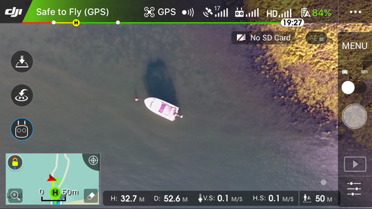 Appen DJI Go holder hele tiden oversikt over hvor mye flytid vi har igjen (oppe til høyre, 19 minutter og 27 sekunder i dette tilfellet).