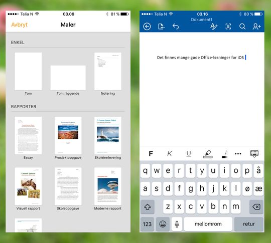 Det fins flere Office-varianter å velge mellom for iOS, men Apples egen iWork og Microsofts Office er blant de beste. Her representert ved Pages og Word.