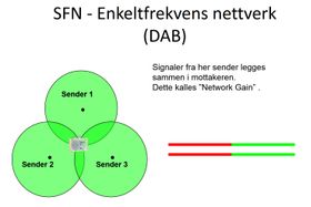 En frekvens: SFN - Single Frequency Network bruker bare en frekvens, men så lenge signalene som mottas kommer alt for langt unna kan de benyttes til å forsterke hverandre.