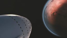 Hvem blir først til den røde planeten? Dette illistrasjonsbildet er hentet fra SpaceX sin redegjørelse for Mars-planene sine.