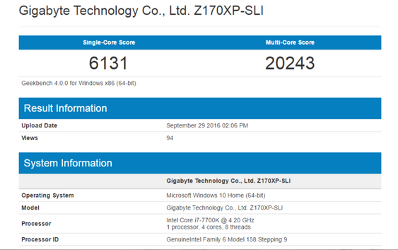 Denne GeekBench-rapporten som angivelig viser ytelsen til Core i7-7700K-prosessoren har funnet veien til internett.