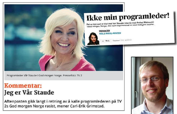 KRITISK: Utrop-redaktør Are Vogt Moum (t.h.) er kritisk til Vår Staudes intervju med en ung muslimsk musiker, men vil nyansere kommentarene fra både Mala Wang-Naveen, Gerhard Helskog og Carl-Erik Grimstad.