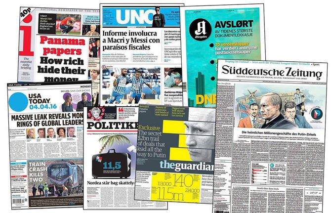 Noen av de mange avisoppslagene om Panama Papers våren 2016. (Faksimiler)