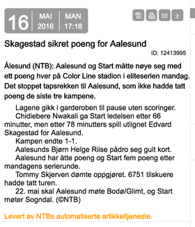 En av NTBs første automatiserte fotballnotiser.
