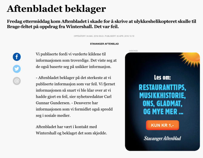 Slik beklaget Aftenbladet feilen - men det opphever ikke det presseetiske overtrampet, konstaterer PFU.