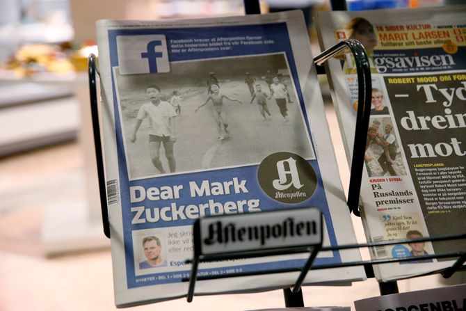 Hele forsiden på Aftenposten 9. september var viet sjefredaktør Espen Egil Hansen og hans brev til Facebook og Mark Zuckerberg hvor de kritiserer Facebook for sensur (Foto: Cornelius Poppe / NTB scanpix)