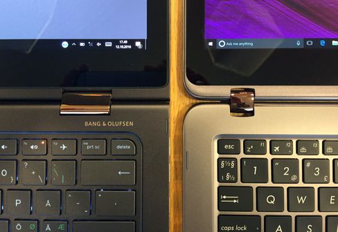 Hengselen til Spectre x360 (til venstre) er mest solid, og tastene dens liker vi også best, men så var det dette med plasseringen av dem, da.