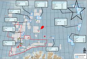 Sone A - ved stjernen øverst til høyre - ligger nærmest Frans Josef land der kalvende breer kan medføre isfjelltrussel.