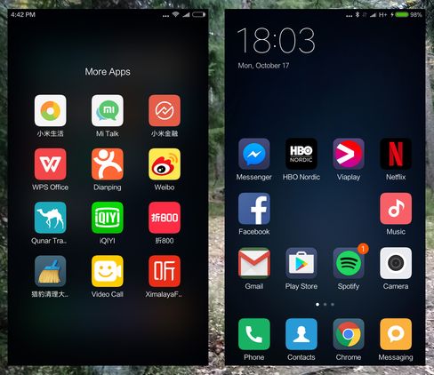 Til venstre er typen og mengden apper Xiaomi Redmi Pro i utgangspunktet er preget av når den handles fra Gearbest. Telefonen kan ha ulike tilpasninger når den handles fra andre butikker. Etter litt om og men fikk vi ryddet litt, og lagt inn Google-tjenestene.