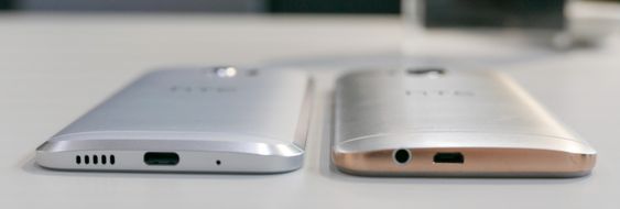 Stadig flere mobiler bytter fra Mikro-USB til USB Type-C. Her vist med HTC 10 (til venstre) og HTC One 9 til høyre (med gammel inngang).