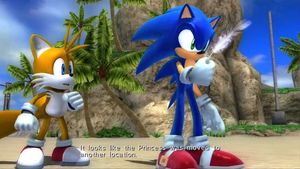 Sonic og Tails i Sonic the Hedgehog (2006). Referansen til Super Mario illustrerer et temmelig uinspirerte manus.