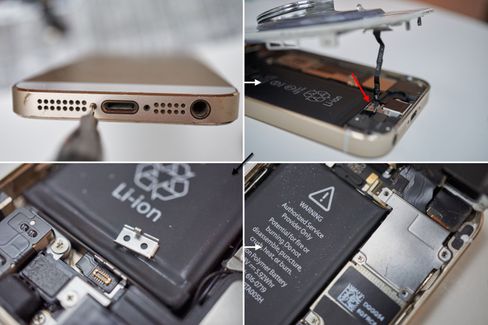 Slik åpnes en iPhone 5S. Her synes også den upraktiske plasseringen av Touch ID-kabelen godt.