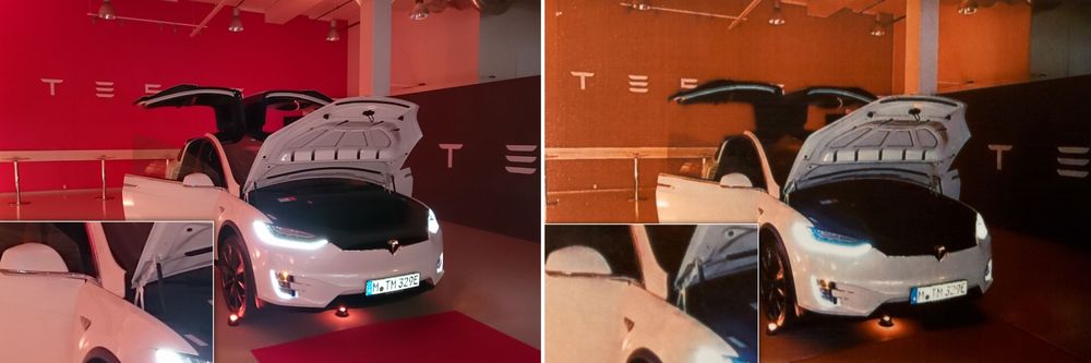 Her har vi gjort et utsnitt som viser kvalitetstapet på et innendørsbilde av en Model X.