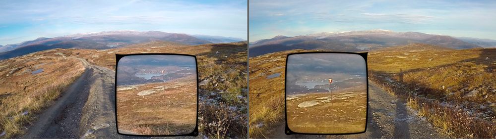 GoPro Hero5 Black til venstre, Garmin Virb Ultra 30 til høyre. 1080 50p, stabilisering aktivert. Garmin klipper seg litt mer inn i bildet når vi aktiverer bildestabiliseringen, men det er likevel ikke veldig vanskelig å se at vi får litt flere detaljer i bildet fra GoPro.