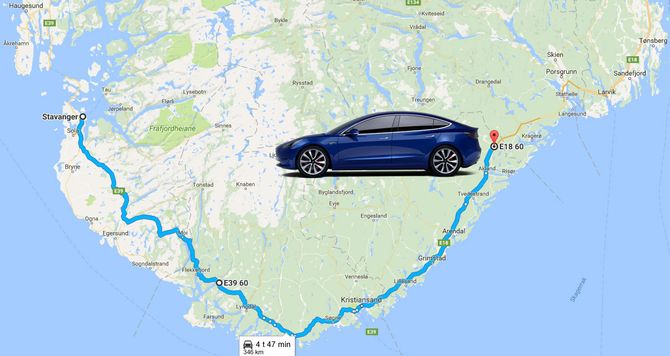 Tesla oppgir en minste rekkevidde på 346 kilometer for sin Model 3.