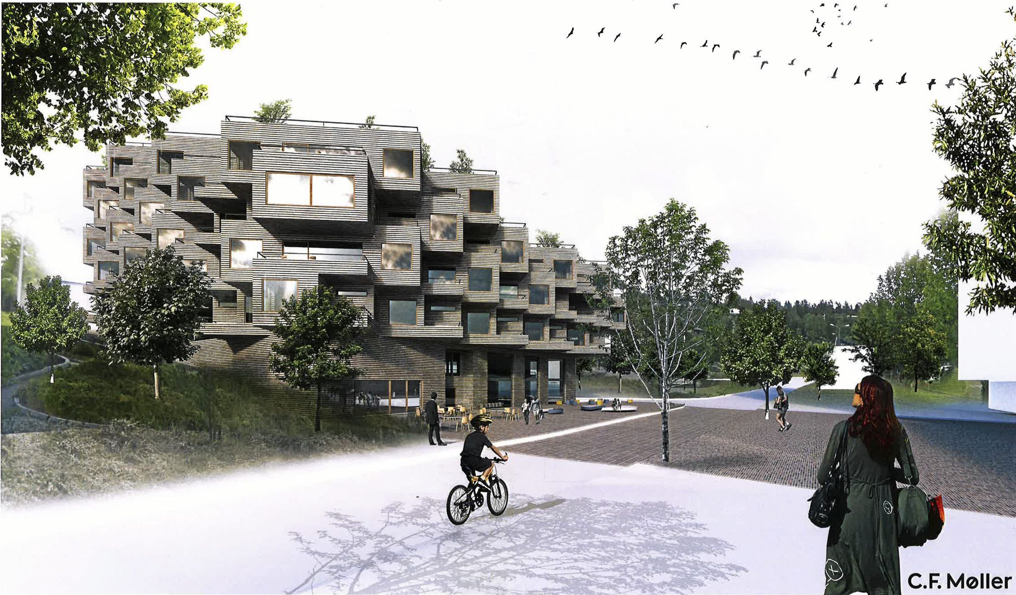 HUS PÅ HUS: Slik vil grunneieren transformere DNB-eiendommen. Prosjektet heter «Kilden», og innebærer at DNB-bygget rives og erstattes med et nytt bygg på fem og en halv etasjer, og fylles med 40 boliger, en kafé, et treningssenter og et svømmeanlegg i første etasje.